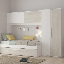 Bett Lev 90x200 cm mit Schrank und Bettschublade - Kiefer/weiß