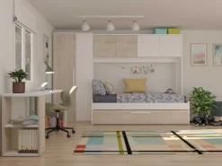Bett Lev 90x200 cm mit Schrank und Bettschublade - Kiefer/weiß