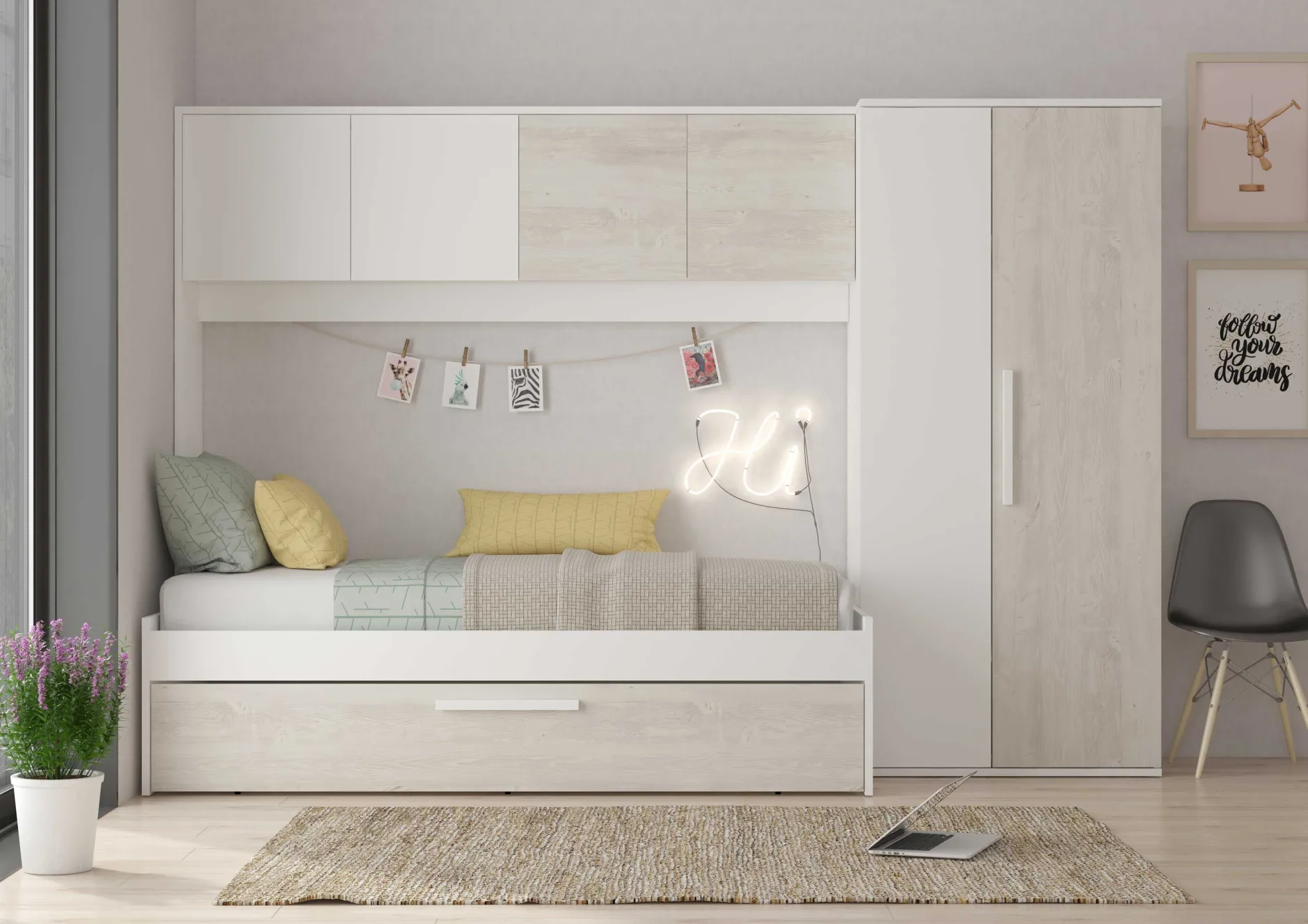 Bett Lev 90x200 cm mit Schrank und Bettschublade - Kiefer/weiß