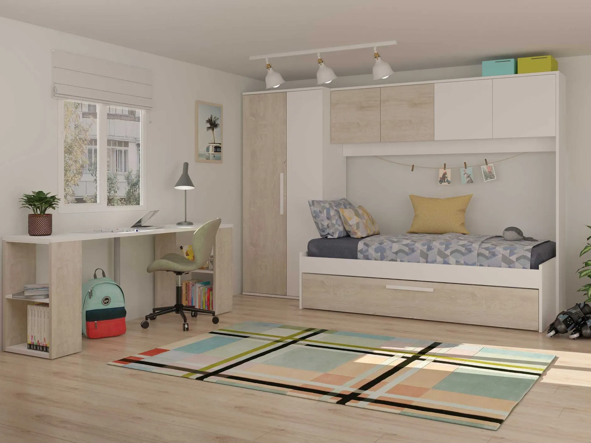 Bett Lev 90x200 cm mit Schrank und Bettschublade - Kiefer/weiß
