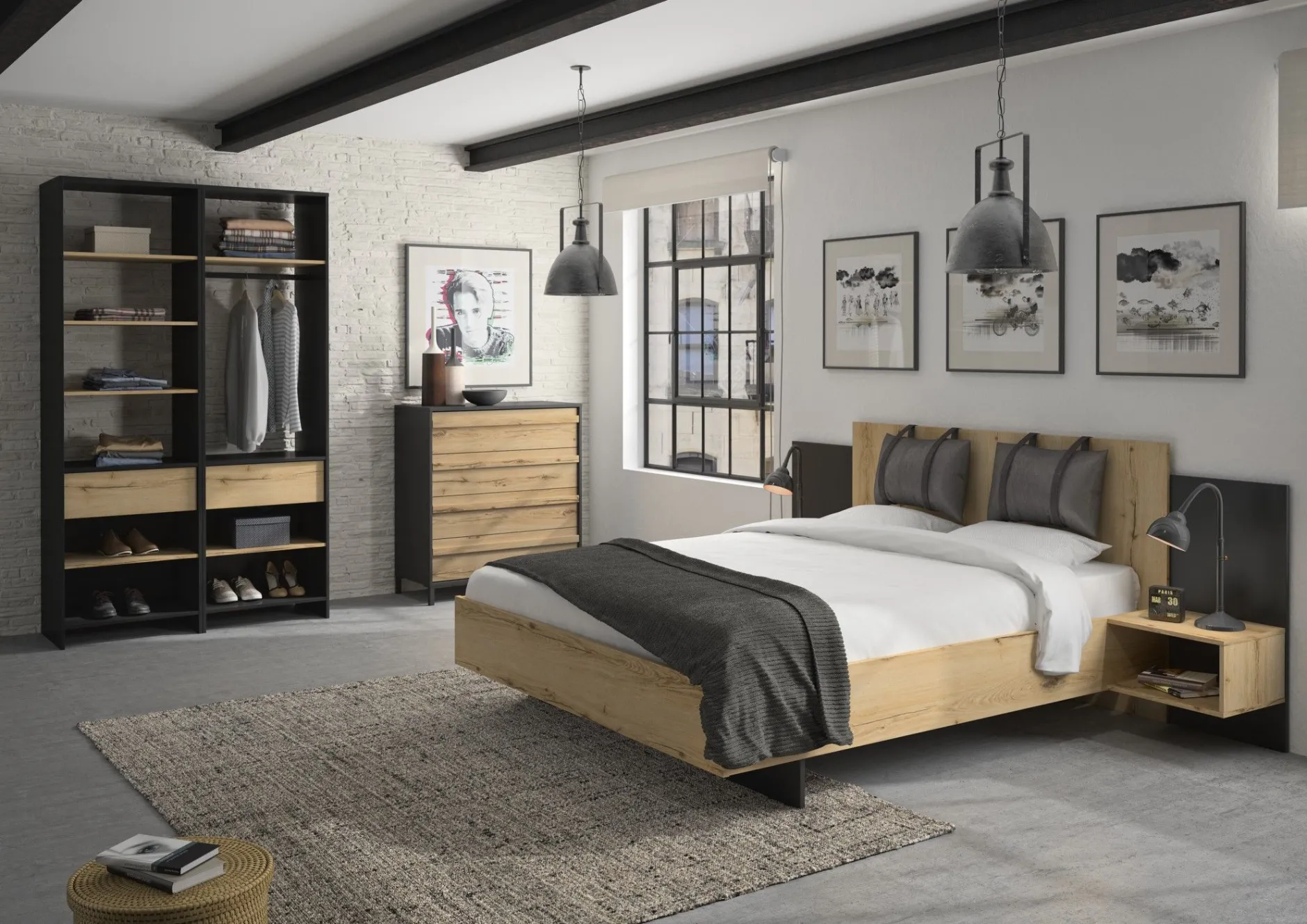 Bett Marzano 160x200cm mit zwei Nachttischen - helvezia Eiche