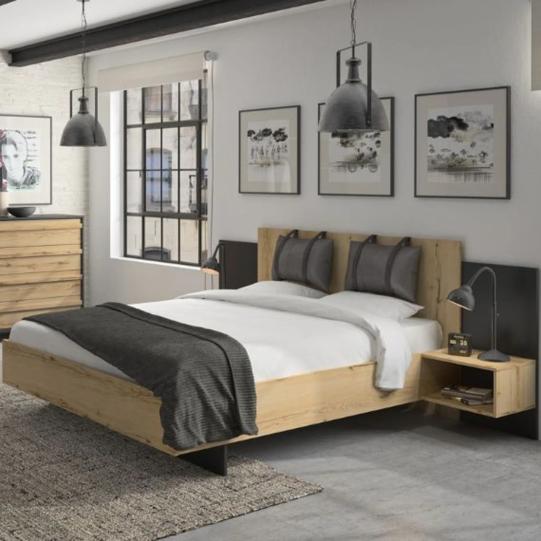 Bett Marzano 180x200cm mit zwei Nachttischen - helvezia Eiche