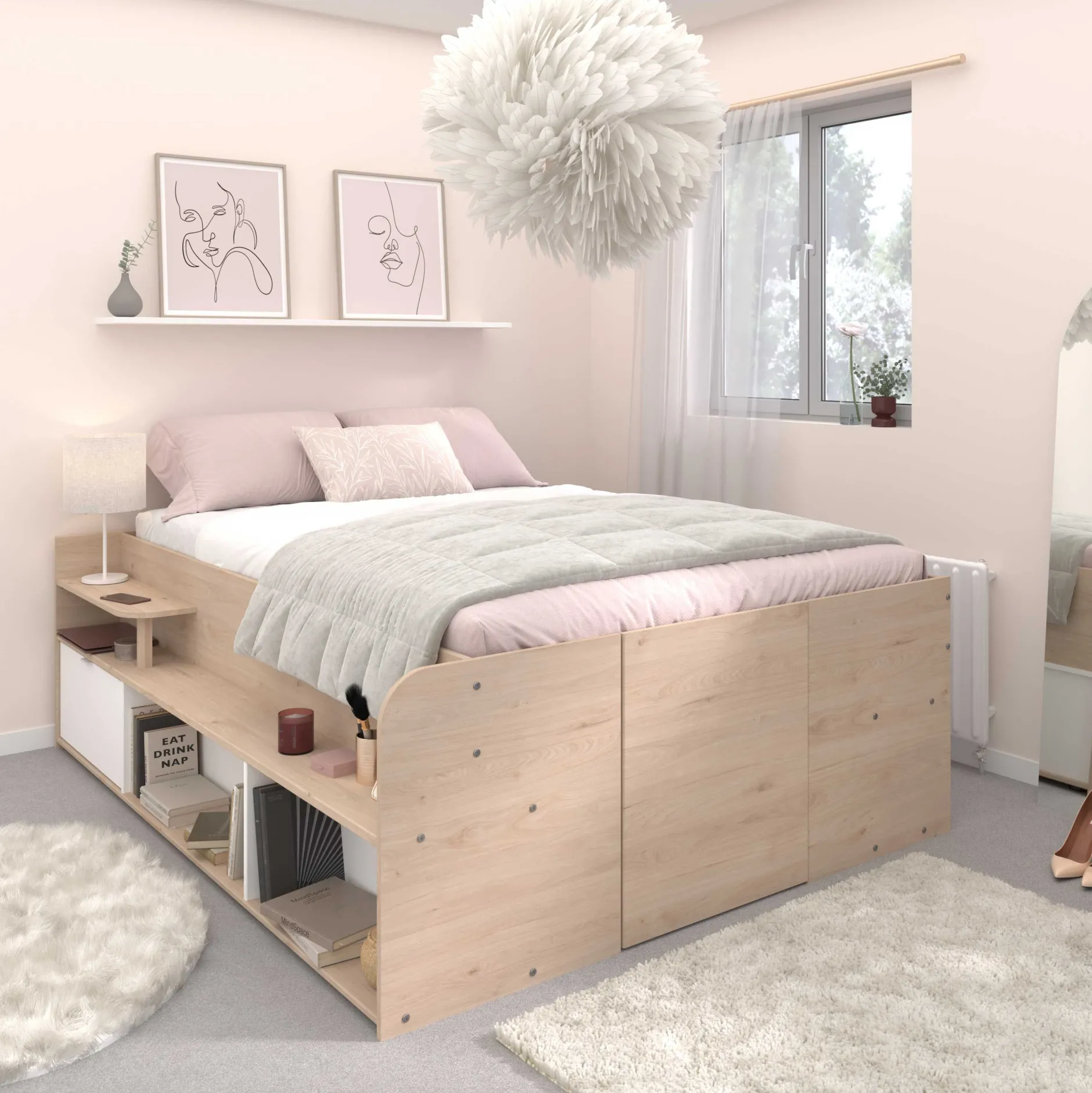Bett mit Stauraum Taravel 140x200 - Jackson Eiche/Weiß