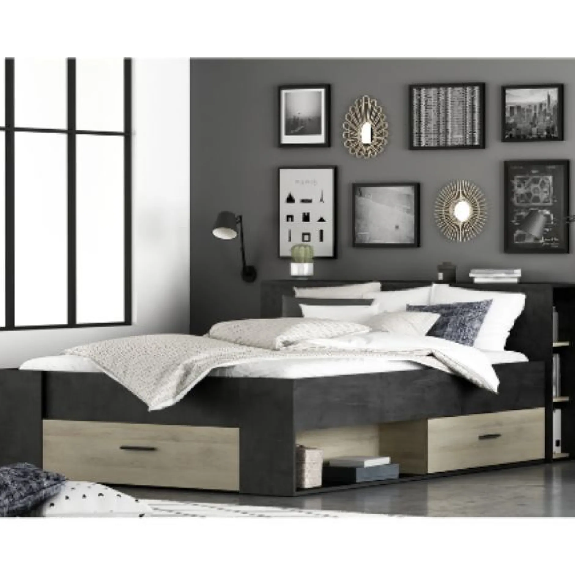 Bett Polly 140 x 190 cm-Sidewalk schwarz/Kronberger Eiche