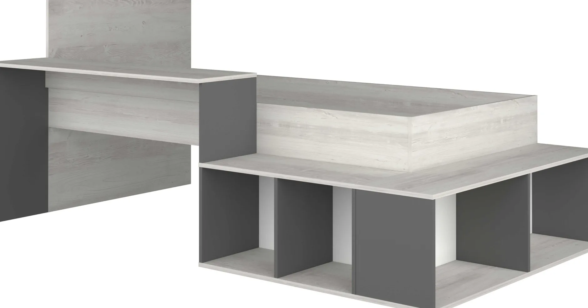 Bett Quinn 90x200 cm mit Schreibtisch und Stauraum - Kiefer/grau
