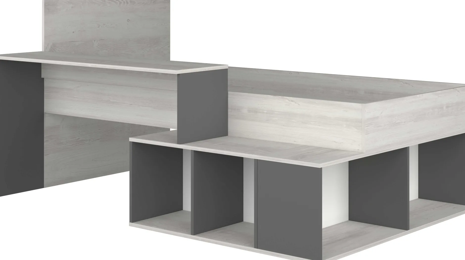 Bett Quinn 90x200 cm mit Schreibtisch und Stauraum - Kiefer/grau