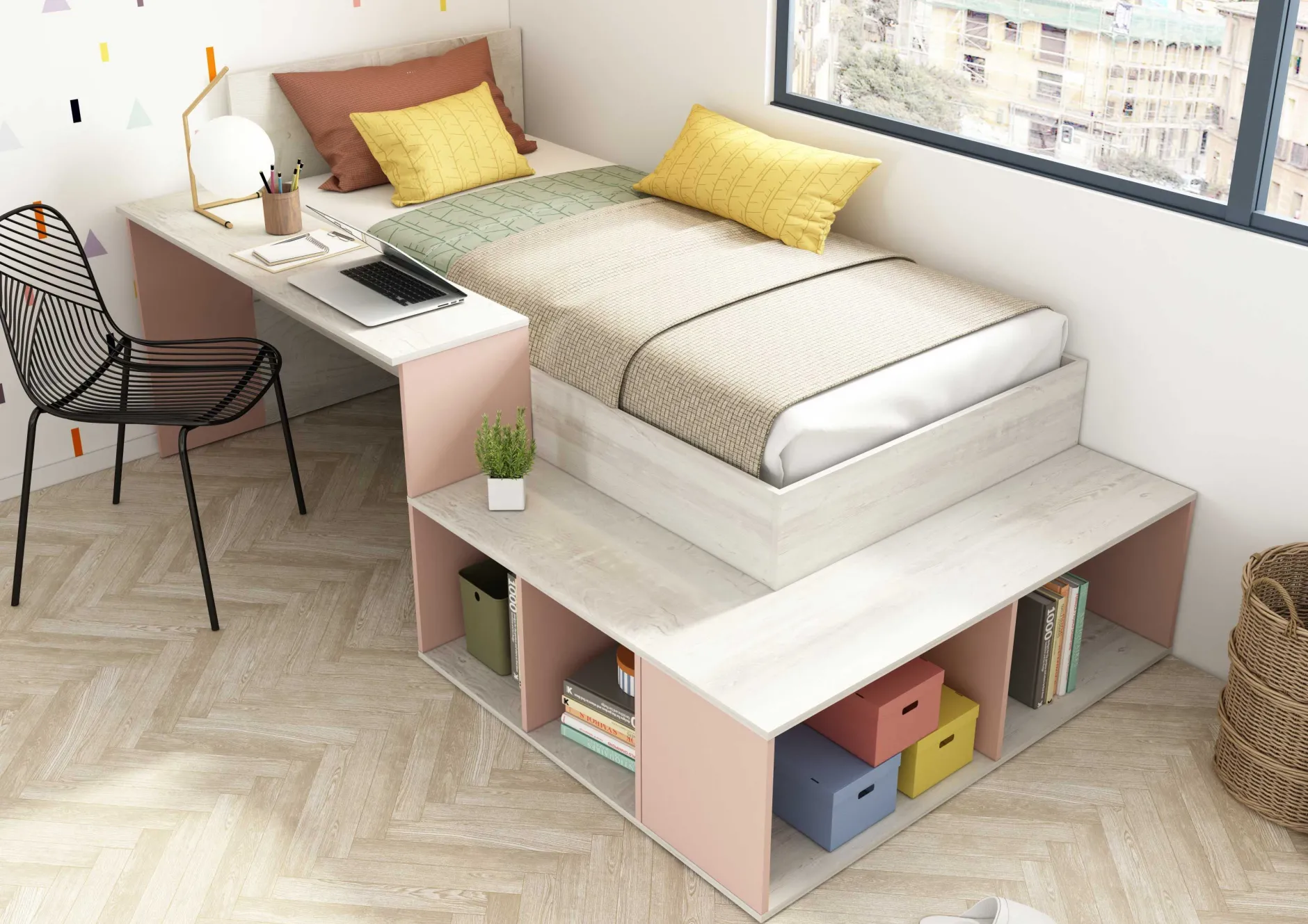 Bett Quinn 90x200 cm mit Schreibtisch und Stauraum - Kiefer/altrosa