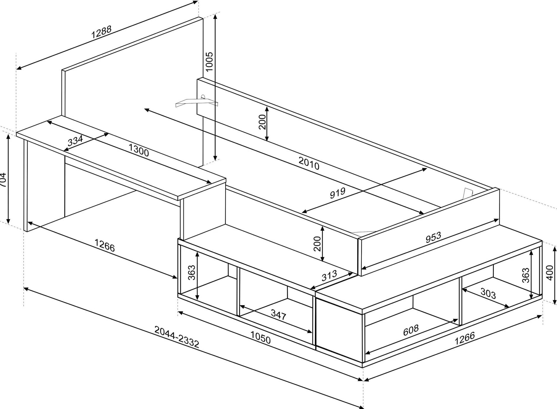 Bett Quinn 90x200 cm mit Schreibtisch und Stauraum - Kiefer/altrosa