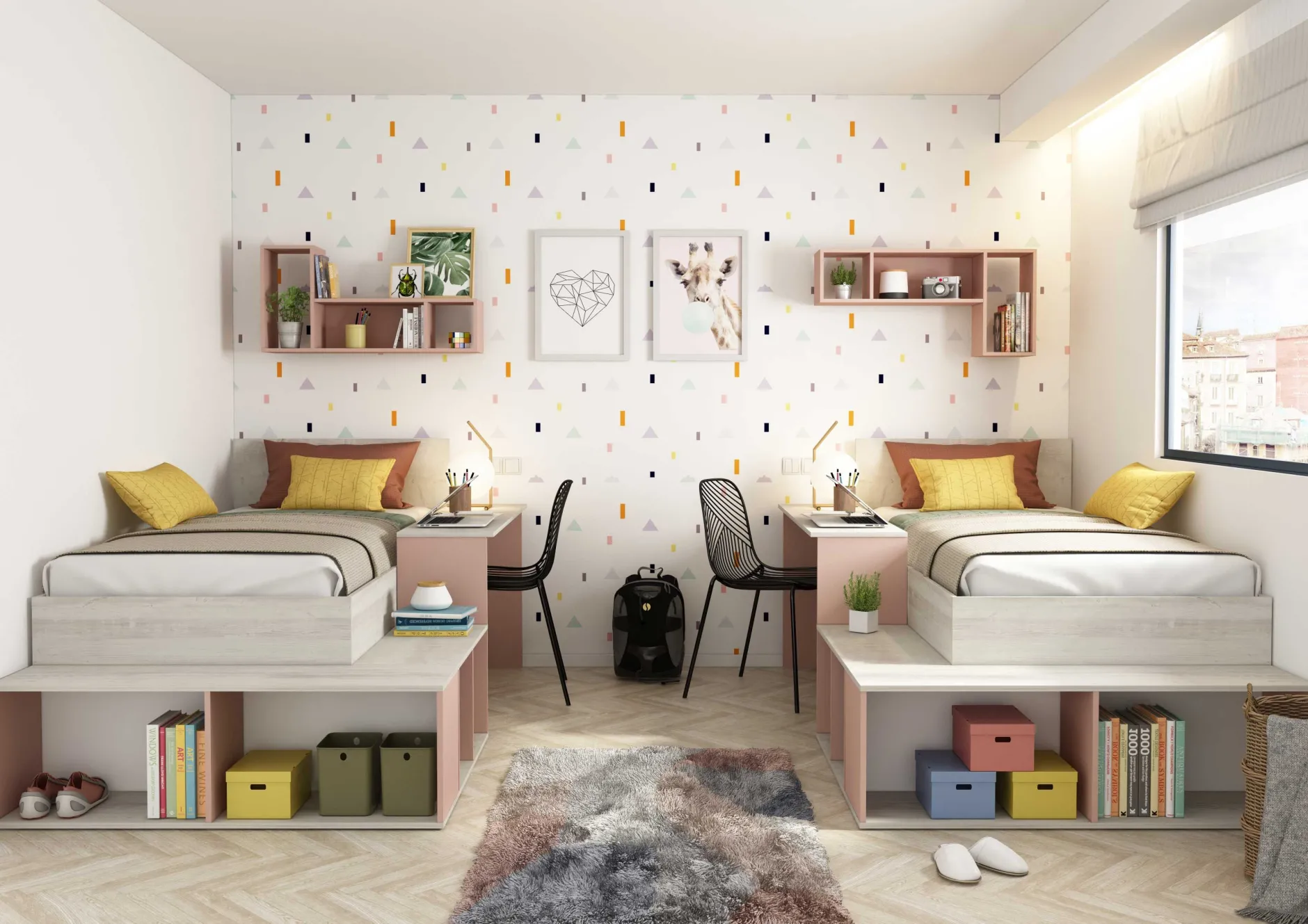 Bett Quinn 90x200 cm mit Schreibtisch und Stauraum - Kiefer/altrosa