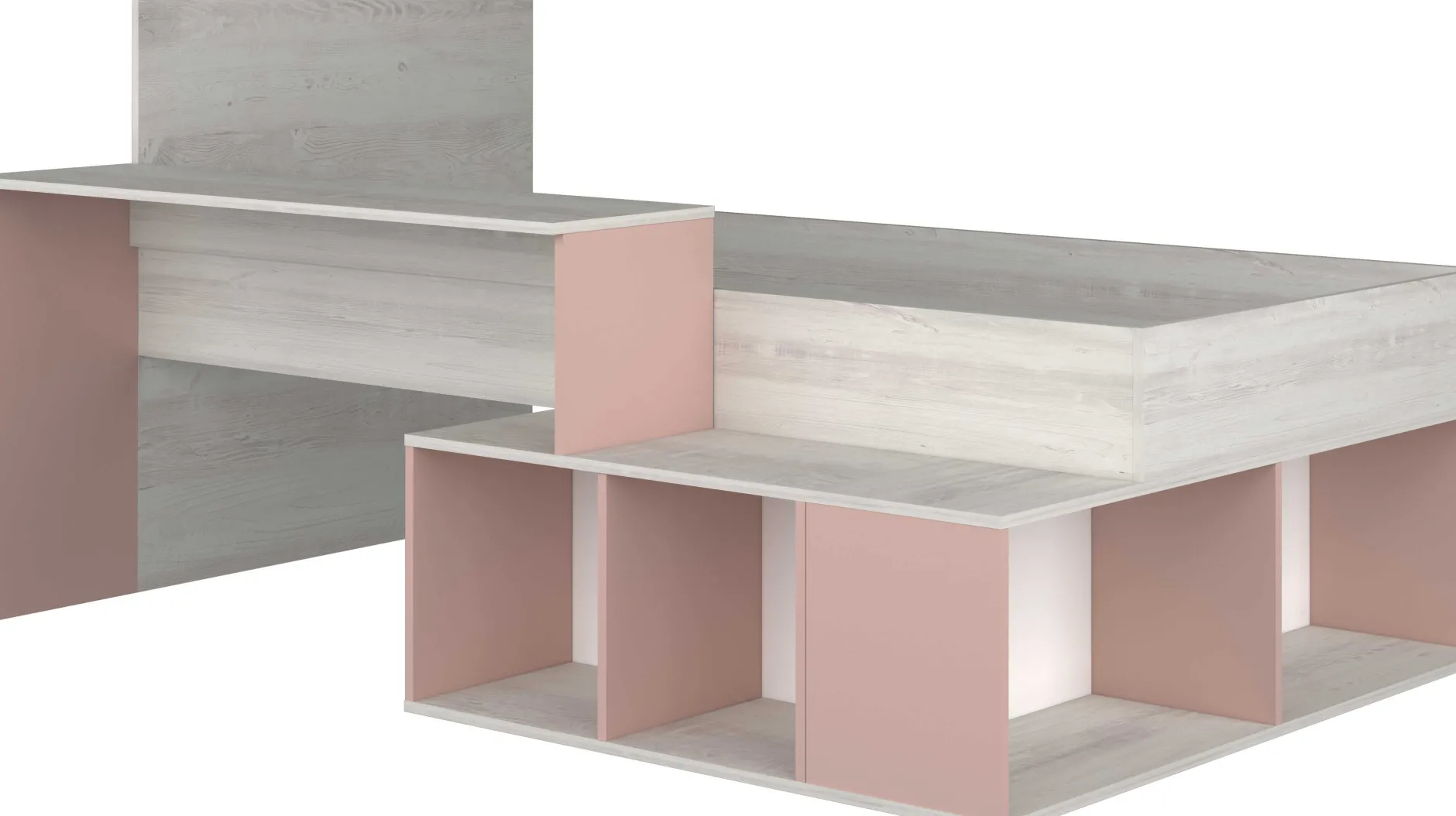 Bett Quinn 90x200 cm mit Schreibtisch und Stauraum - Kiefer/altrosa