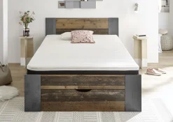 Bett Rudi 140x200 mit 1 Schublade - alter Stil/Beton