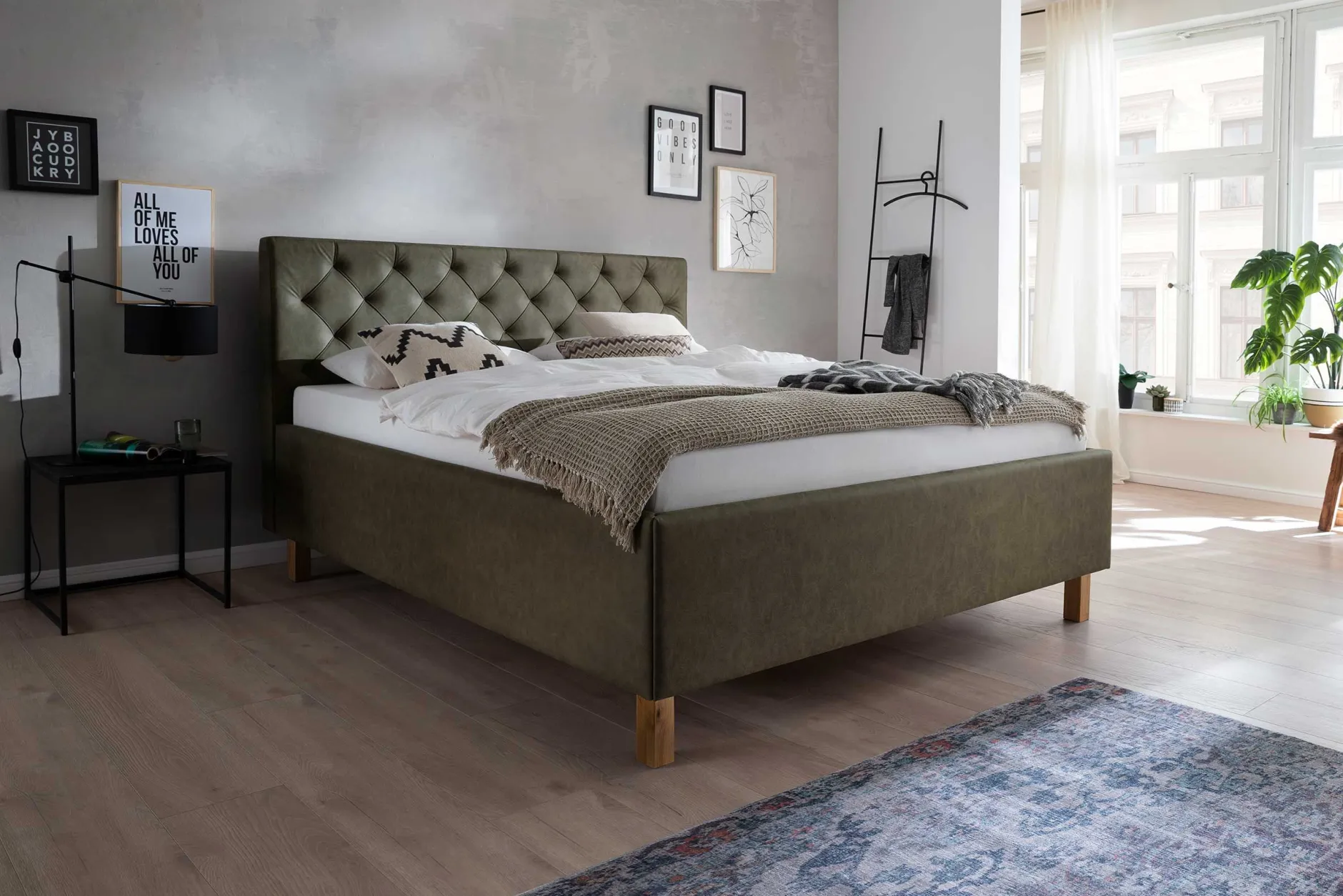 Bett San Marino 180x200cm mit Stauraum Kunstleder - grün/Eiche
