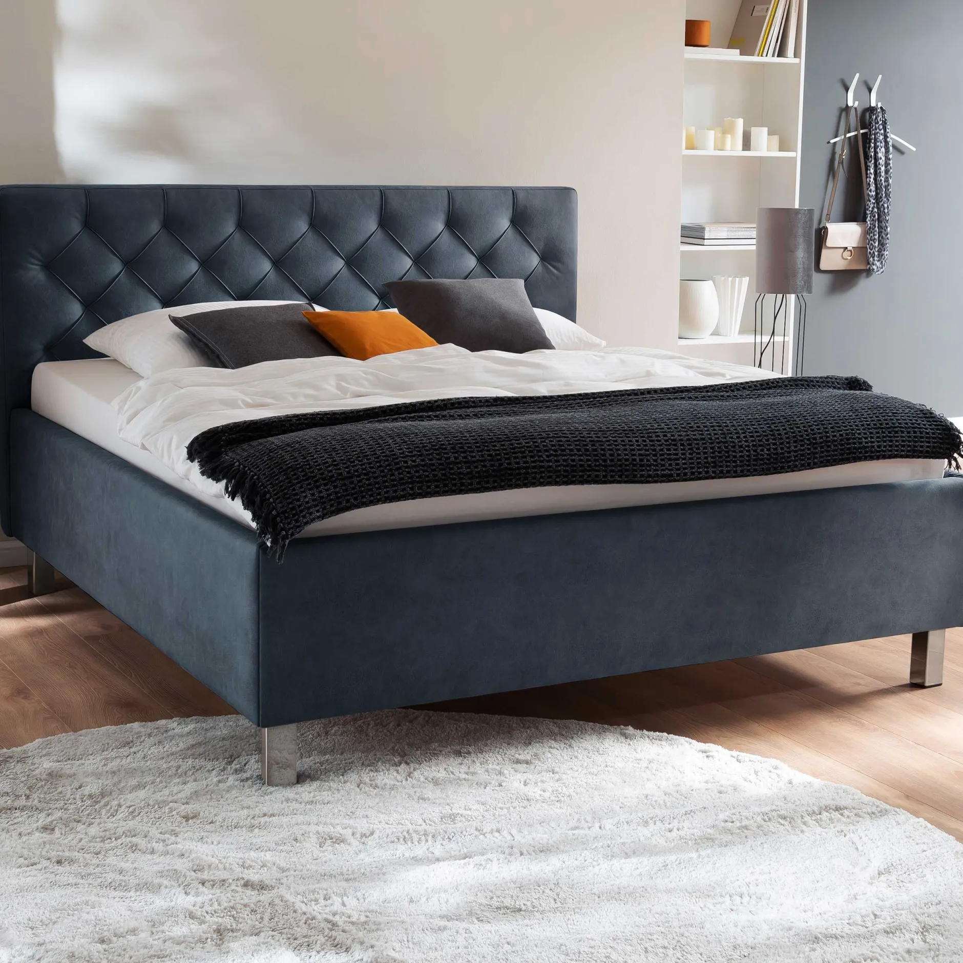 Bett San Marino 160x200cm mit Stauraum Kunstleder - blau/chrom