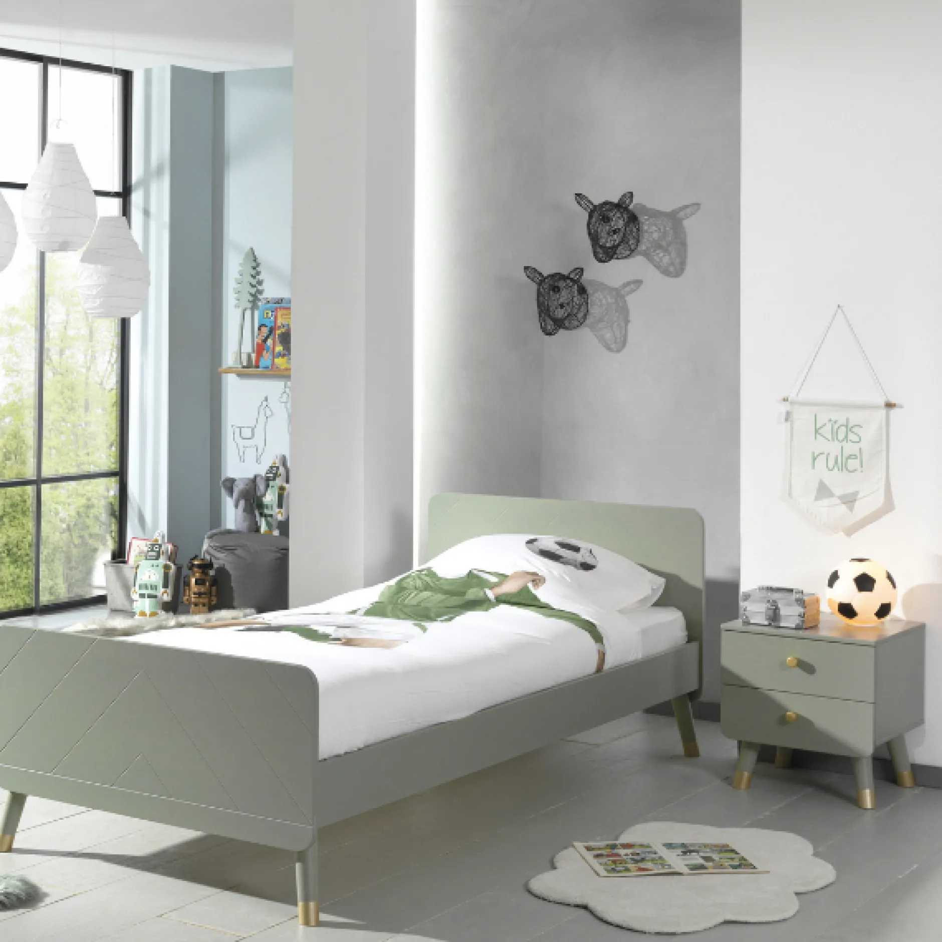 Bett 90x200 cm mit Lattenrost und Nachttisch Billy olivgrün
