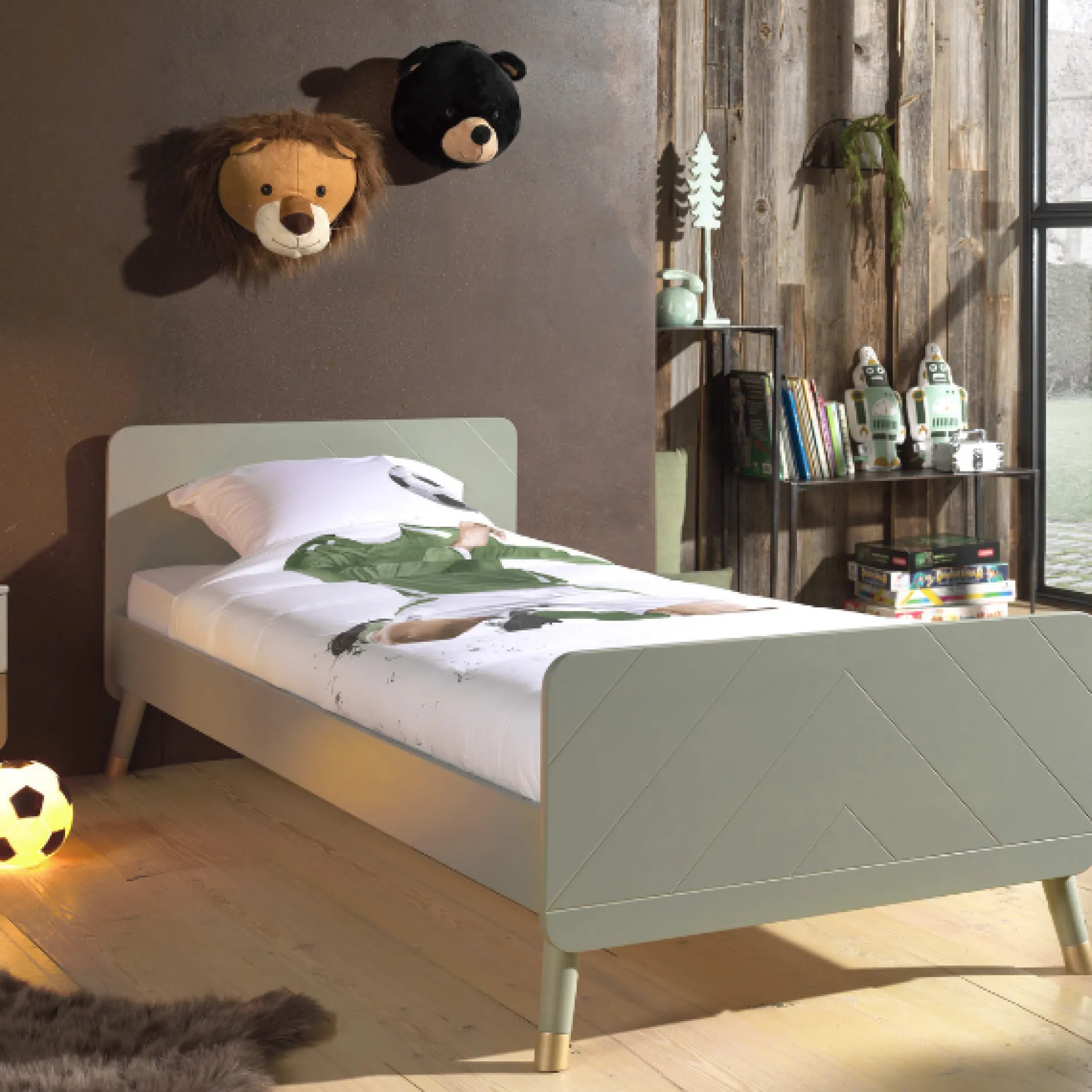 Bett 90x200 cm mit Lattenrost und Nachttisch Billy olivgrün