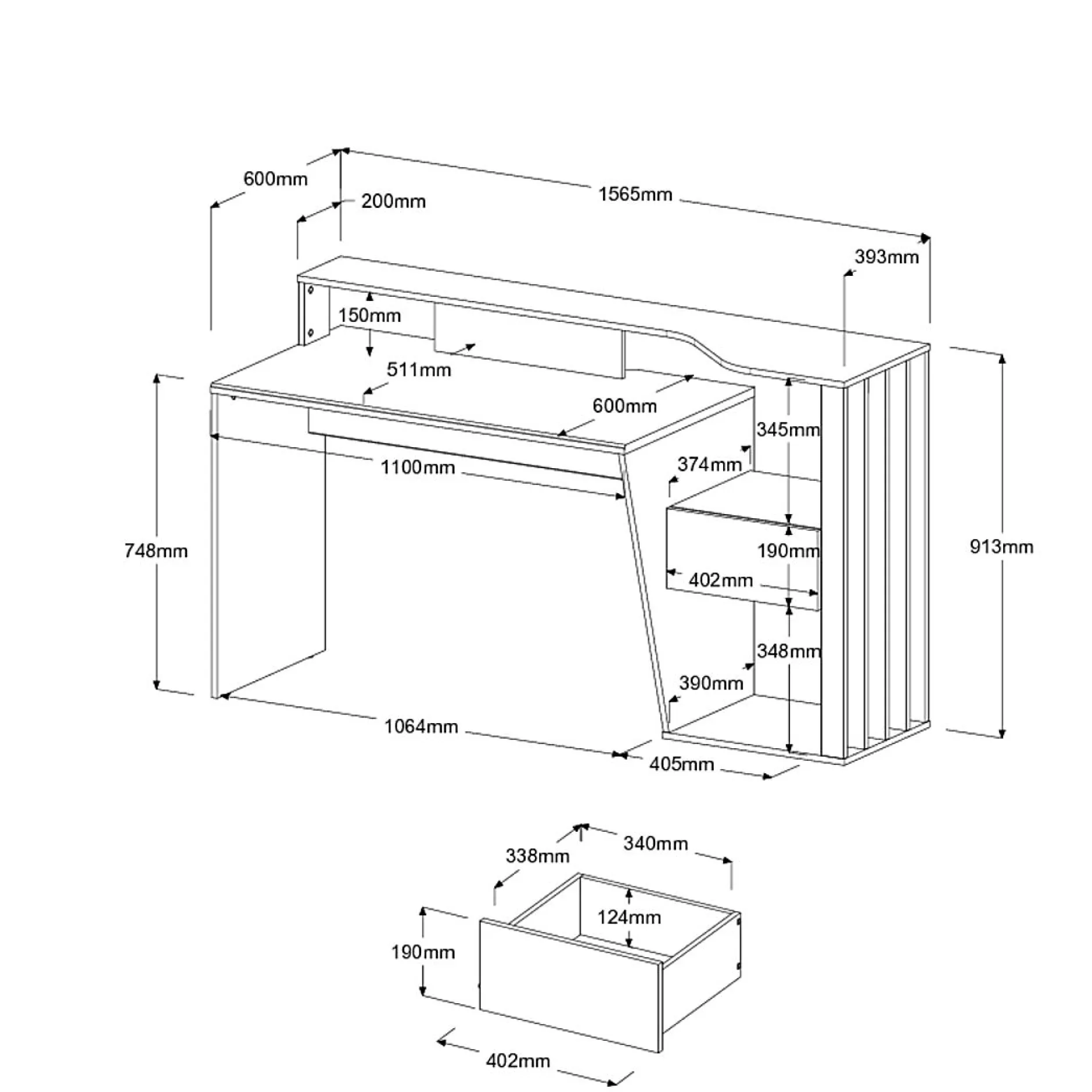 Bloom Schreibtisch-157cm-1 Schublade,1 offenes Fach-weiß/Eiche