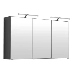 BobbiBadezimmer : Säulenschrank, Spiegelschrank mit LED-Beleuchtung, Waschtischschrank - Hochglanz grau