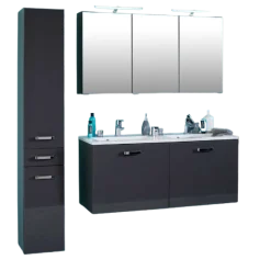 BobbiBadezimmer : Säulenschrank, Spiegelschrank mit LED-Beleuchtung, Waschtischschrank - Hochglanz grau