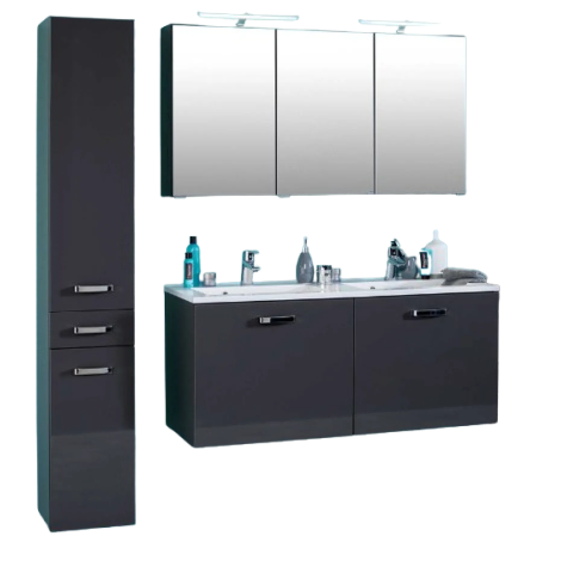 BobbiBadezimmer : Säulenschrank, Spiegelschrank mit LED-Beleuchtung, Waschtischschrank - Hochglanz grau