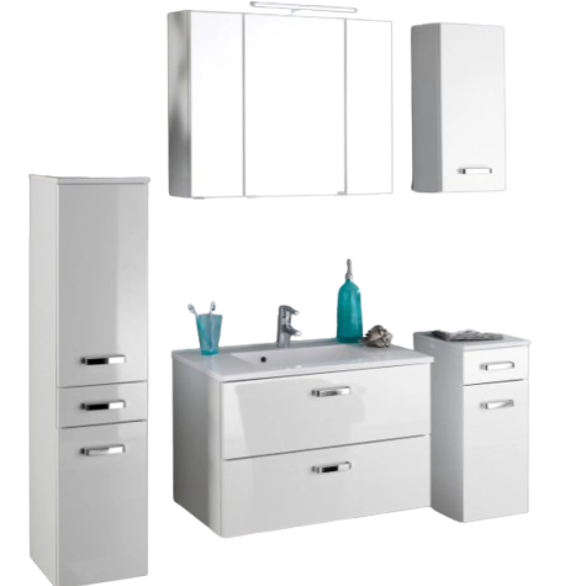 BobbiBadezimmer : Säulenschrank, Spiegelschrank, Waschbeckenunterschrank, Hängeschrank, Unterschrank - Hochglanz weiß