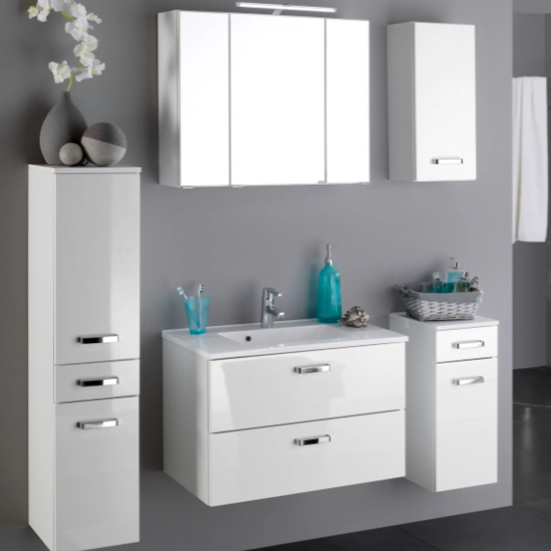BobbiBadezimmer : Säulenschrank, Spiegelschrank, Waschbeckenunterschrank, Hängeschrank, Unterschrank - Hochglanz weiß