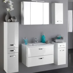 BobbiBadezimmer : Säulenschrank, Spiegelschrank, Waschbeckenunterschrank, Hängeschrank, Unterschrank - Hochglanz weiß