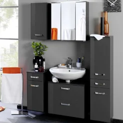 BobbiBadezimmer : 3x Hängeschrank, Spiegelschrank, Waschtischunterschrank - Hochglanz grau