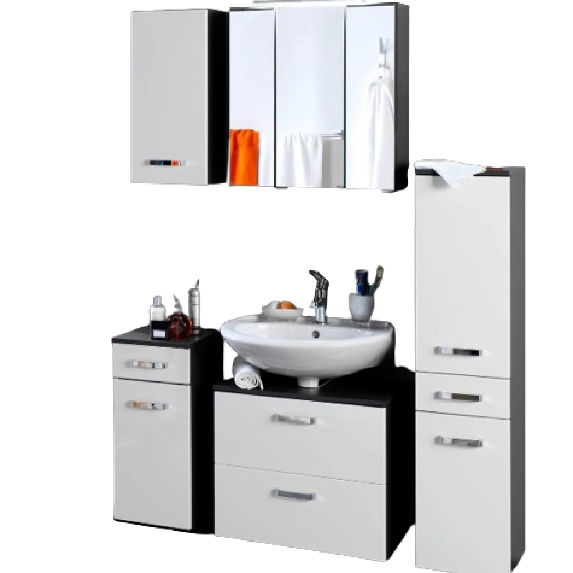 BobbiBadezimmer : 3x Hängeschrank, Spiegelschrank, Waschtischunterschrank