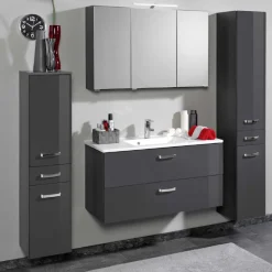 BobbiBadezimmer : 2x Säulenschrank, Spiegelschrank, Waschbeckenschrank - Hochglanz grau