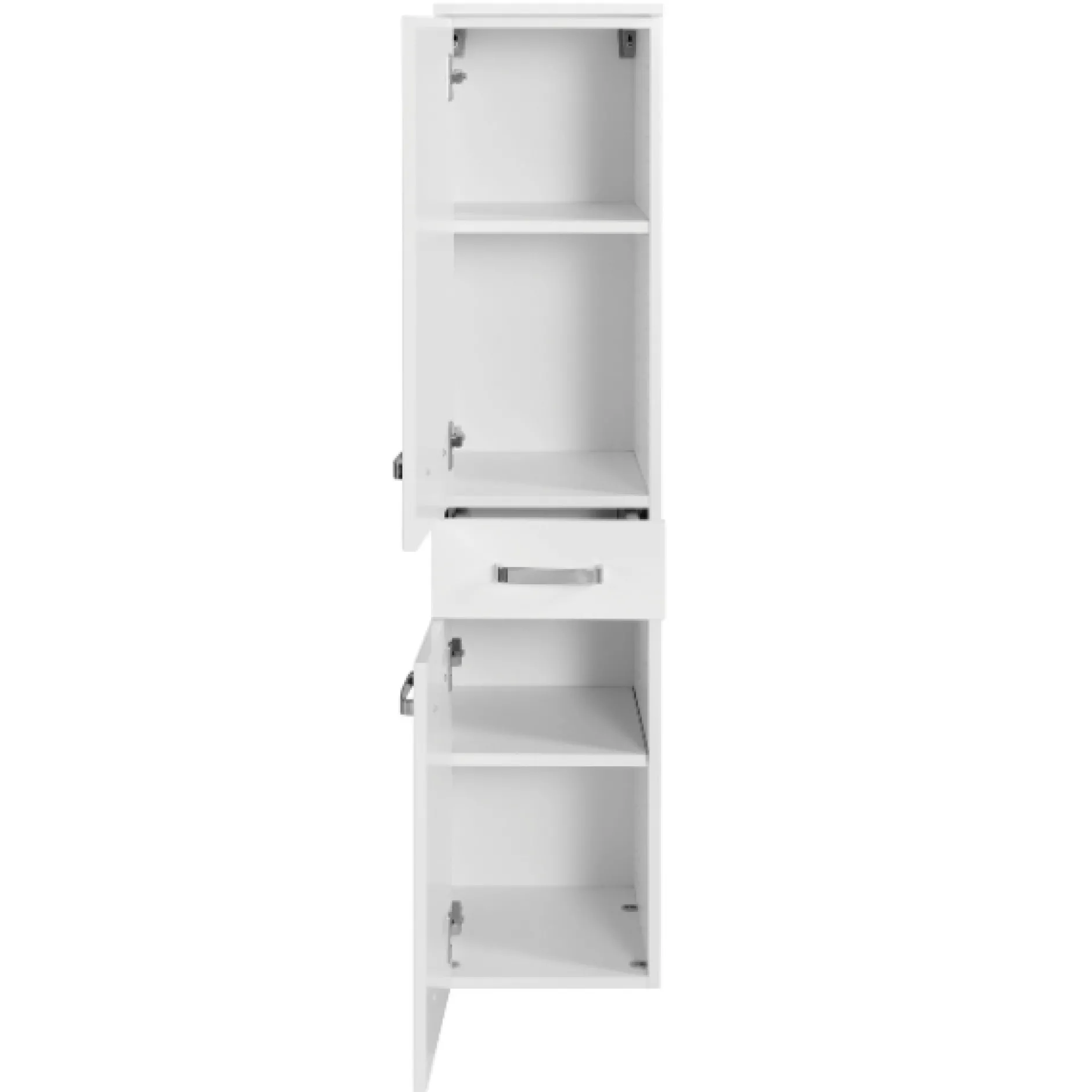 BobbiBadezimmer : 2x Säulenschrank, Waschtischunterschrank, Spiegelschrank - Hochglanz weiß
