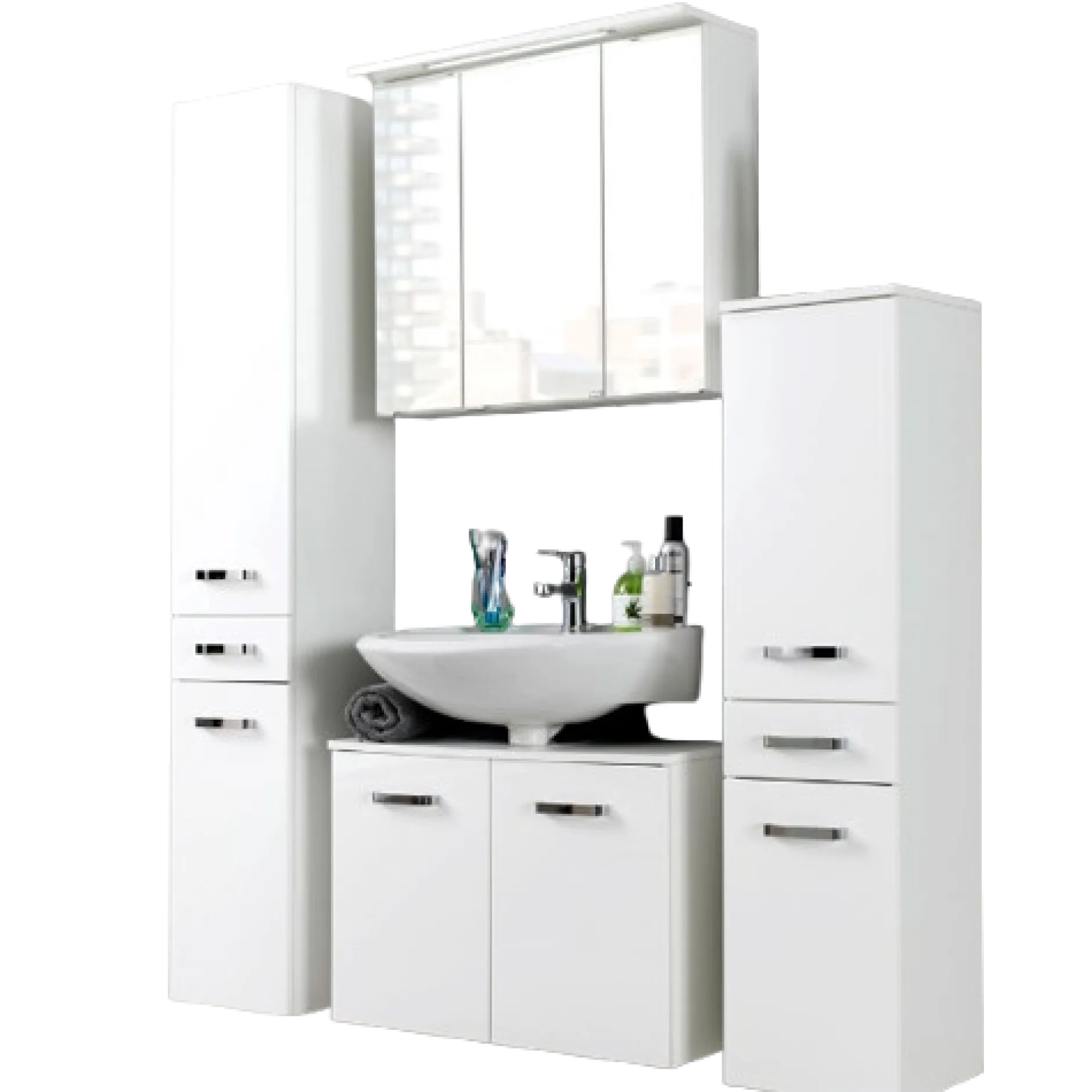 BobbiBadezimmer : 2x Säulenschrank, Waschtischunterschrank, Spiegelschrank - Hochglanz weiß