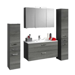 BobbiBadezimmer : 2x Säulenschrank, Spiegelschrank, Waschtischschrank - Eiche grau