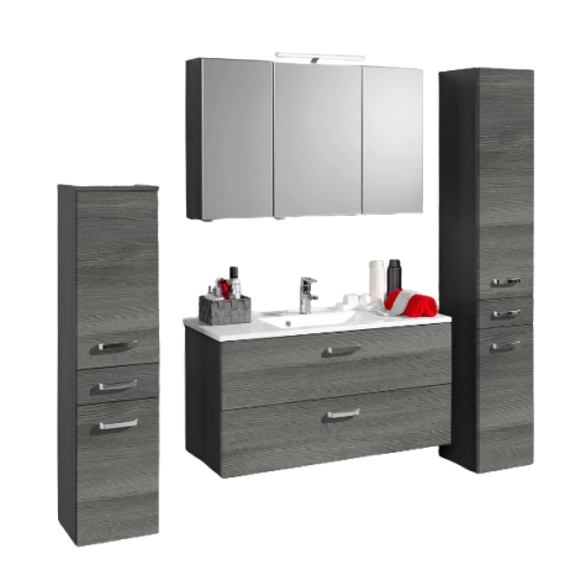 BobbiBadezimmer : 2x Säulenschrank, Spiegelschrank, Waschtischschrank - Eiche grau