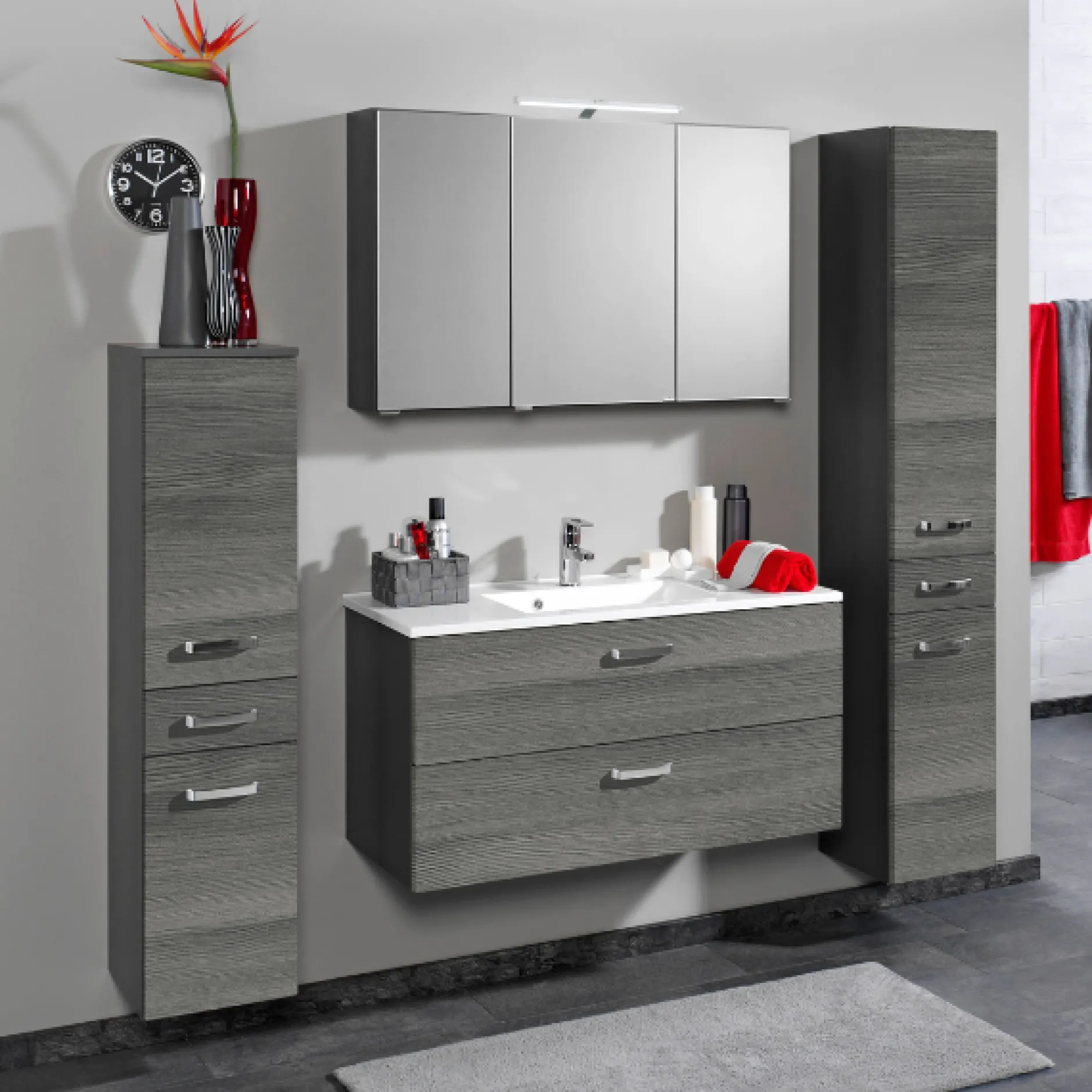 BobbiBadezimmer : 2x Säulenschrank, Spiegelschrank, Waschtischschrank - Eiche grau