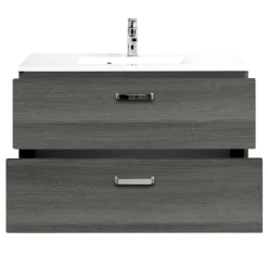 BobbiBadezimmer : 2x Säulenschrank, Spiegelschrank, Waschtischschrank - Eiche grau