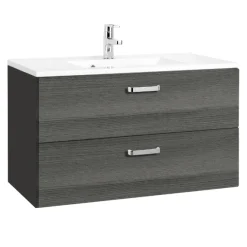 BobbiBadezimmer : 2x Säulenschrank, Spiegelschrank, Waschtischschrank - Eiche grau