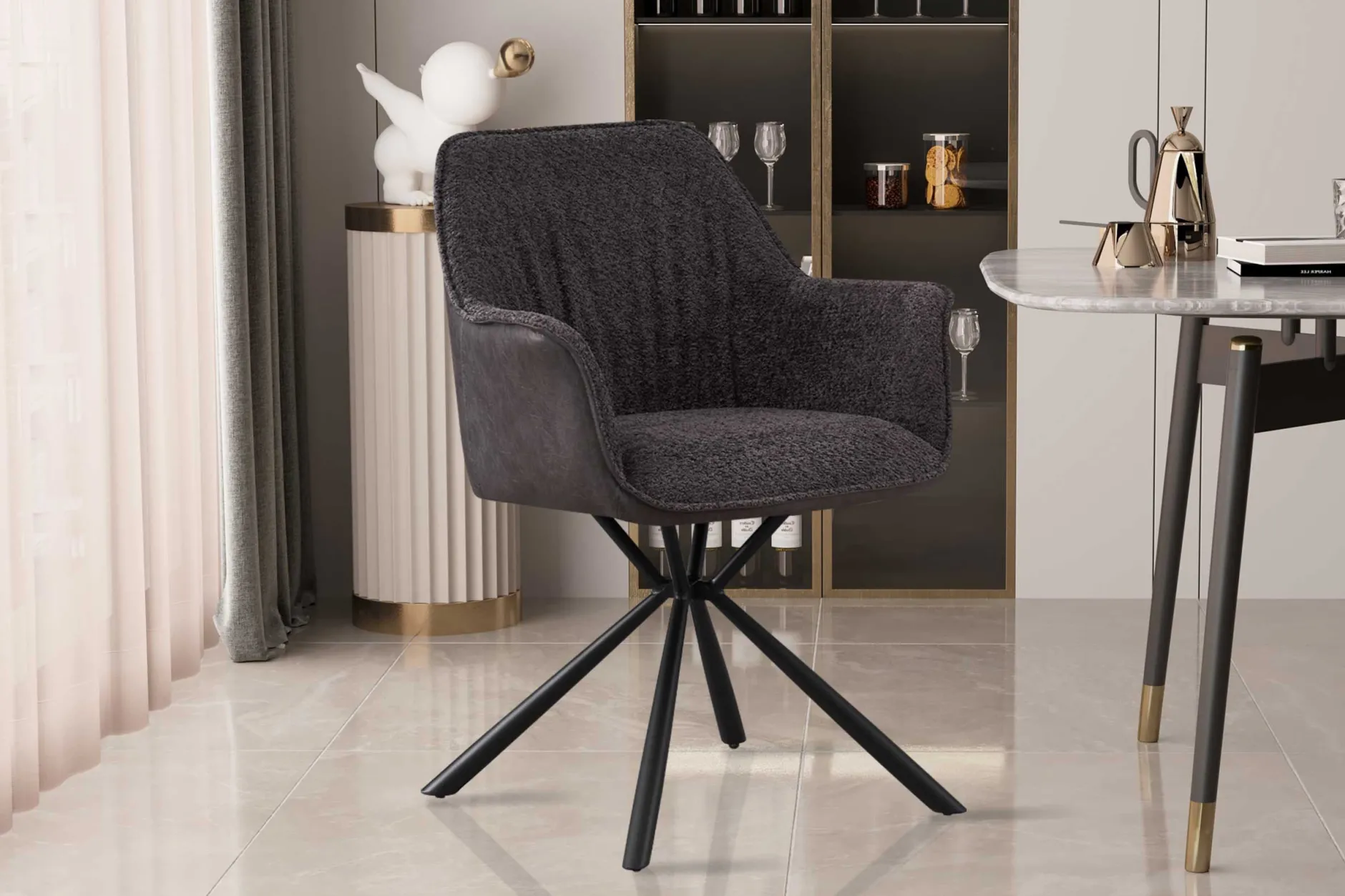 Bouclé-Stuhl Lucie Hellgrau PU-Rücken | Metallbeine | H82,5 x B62 x T63 cm