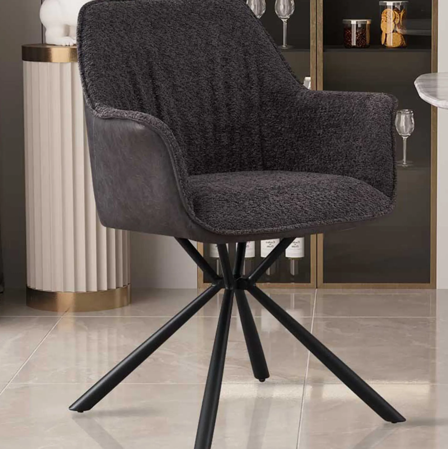 Bouclé-Stuhl Lucie Hellgrau PU-Rücken | Metallbeine | H82,5 x B62 x T63 cm