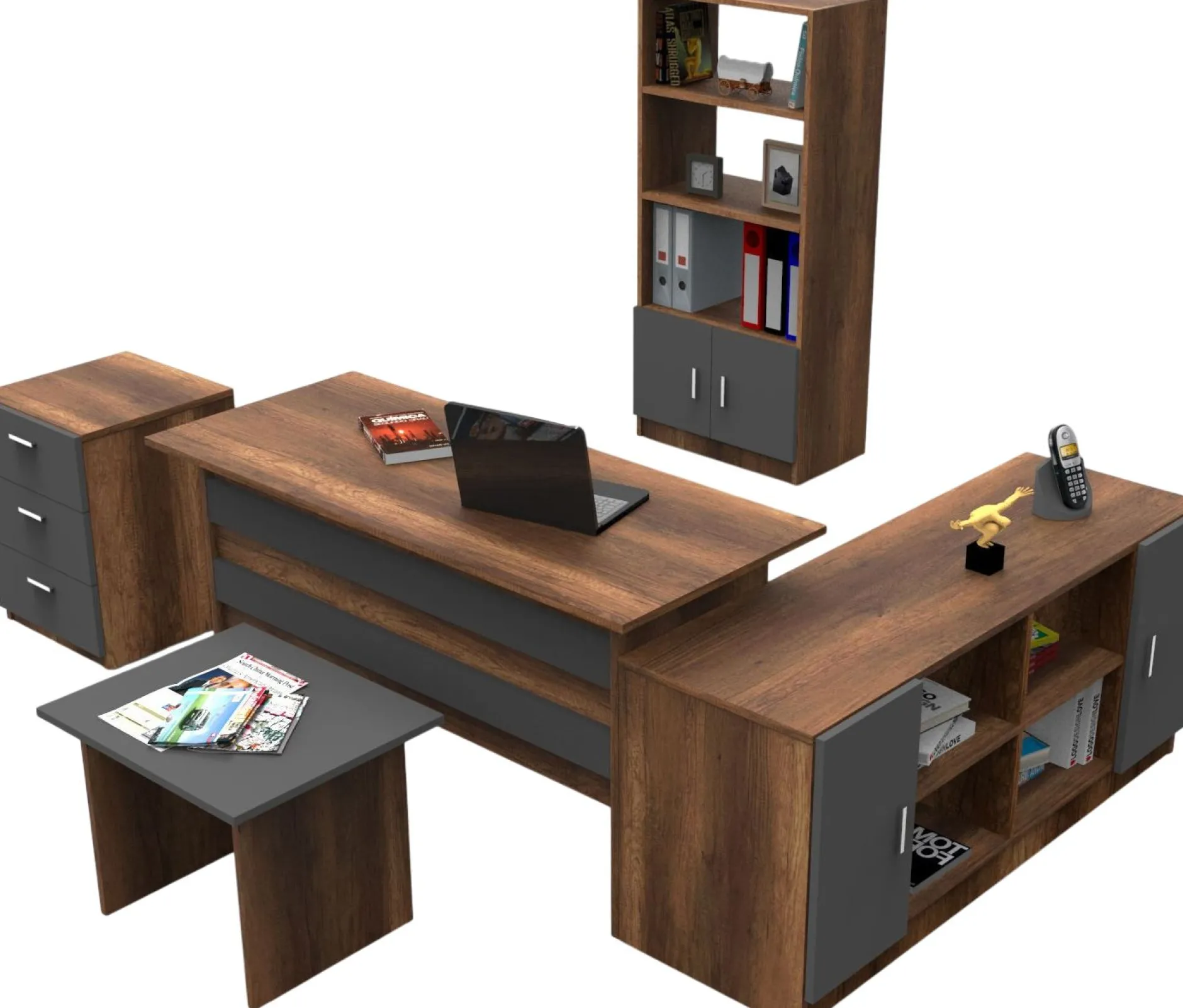 Büromöbel-Set VO15 - 100% MELAMINE - Nussbaum - 140 x 140 x 60 cm