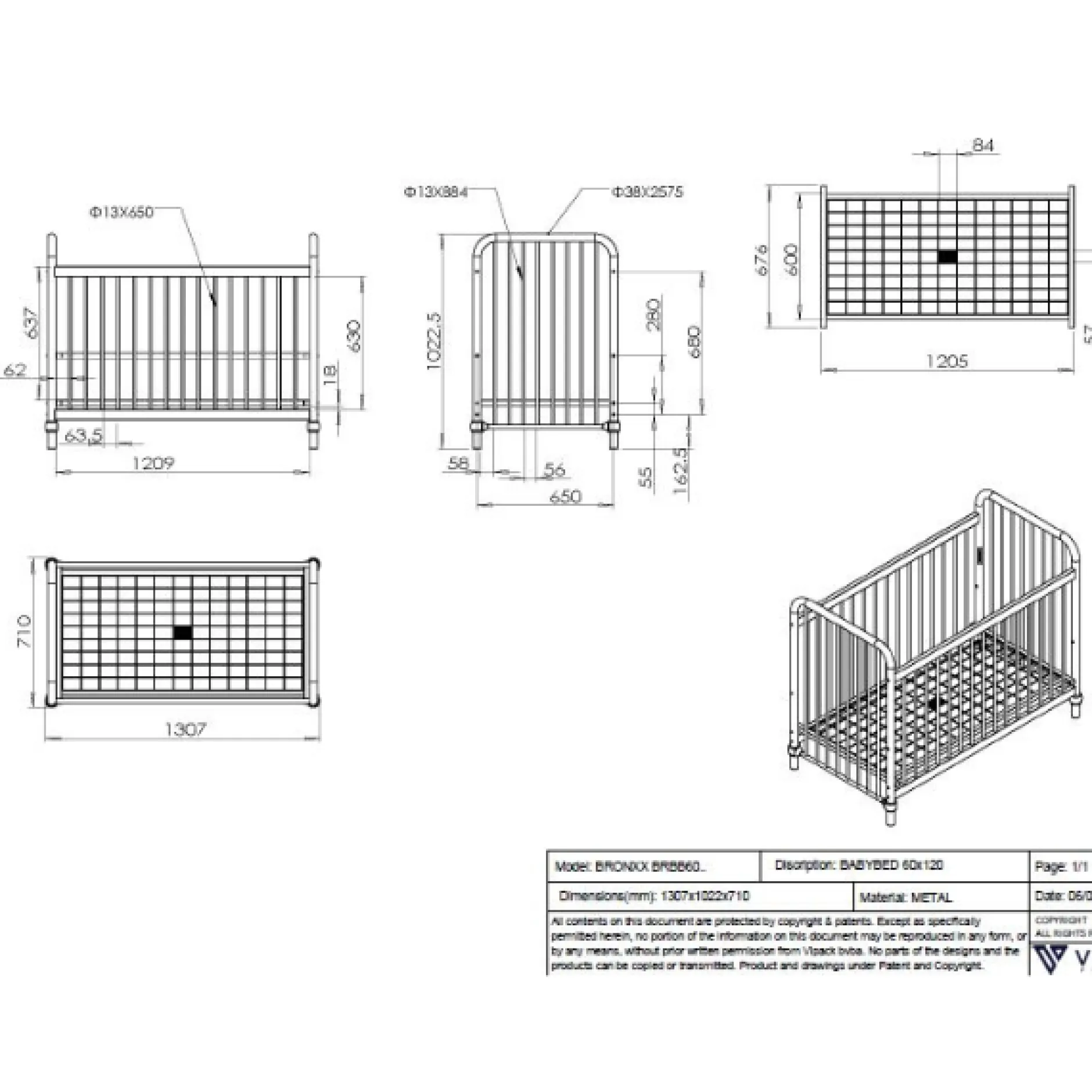 Bronxx Kinderbett - 60x120cm - mattschwarz