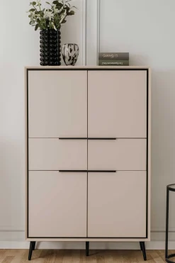 Buffetschrank Auryn - 90x38x140cm - 4 Türen und 2 Schubladen - sand/schwarz