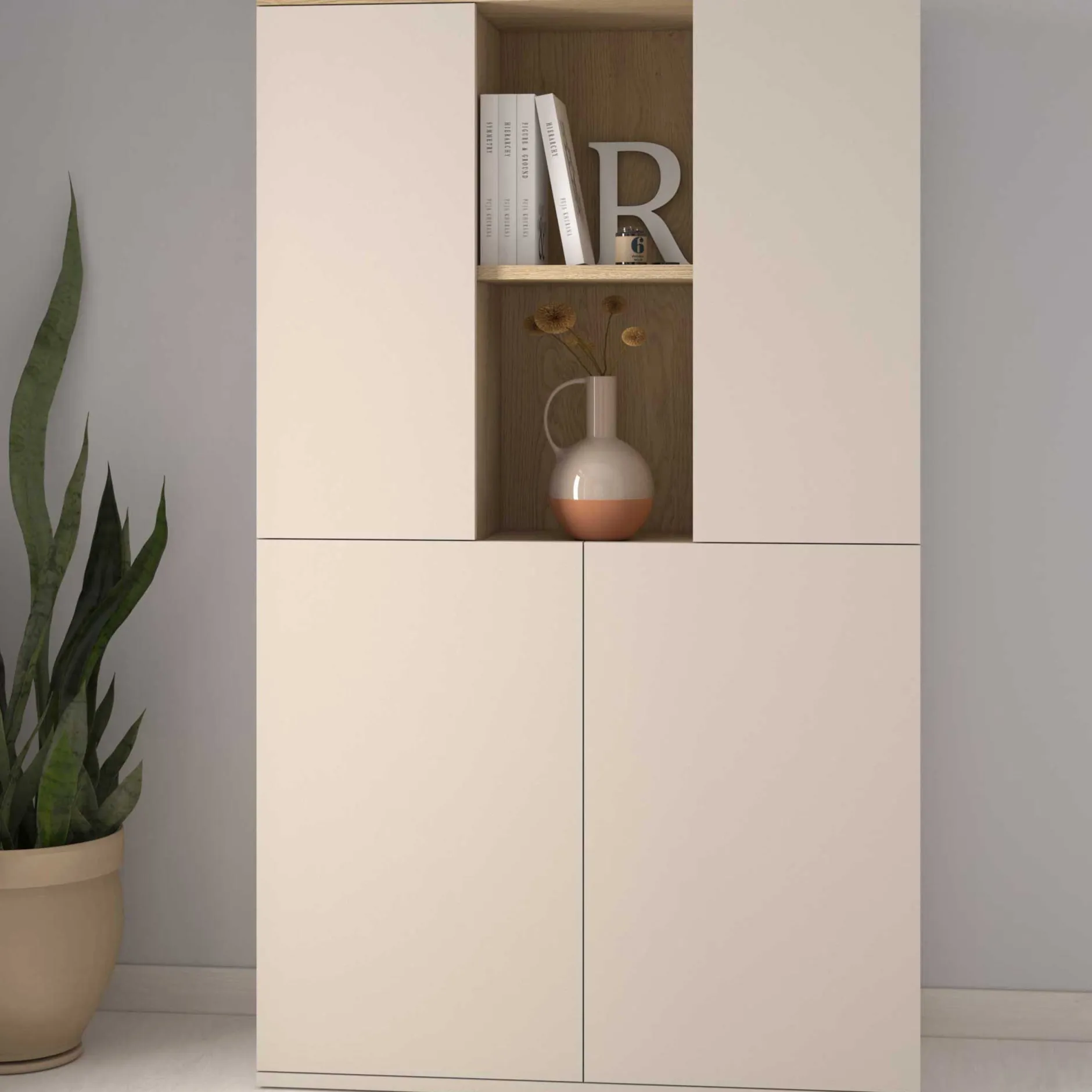 Buffetschrank Kosmo - 90x35x150cm - 4 Türen - Kaschmir/Eiche Dekor