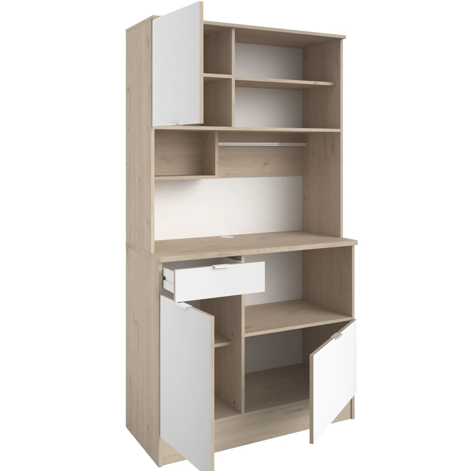 Buffetschrank Lydia 100cm, 3 Türen und 1 Schublade - Dekor Weiß/Eiche