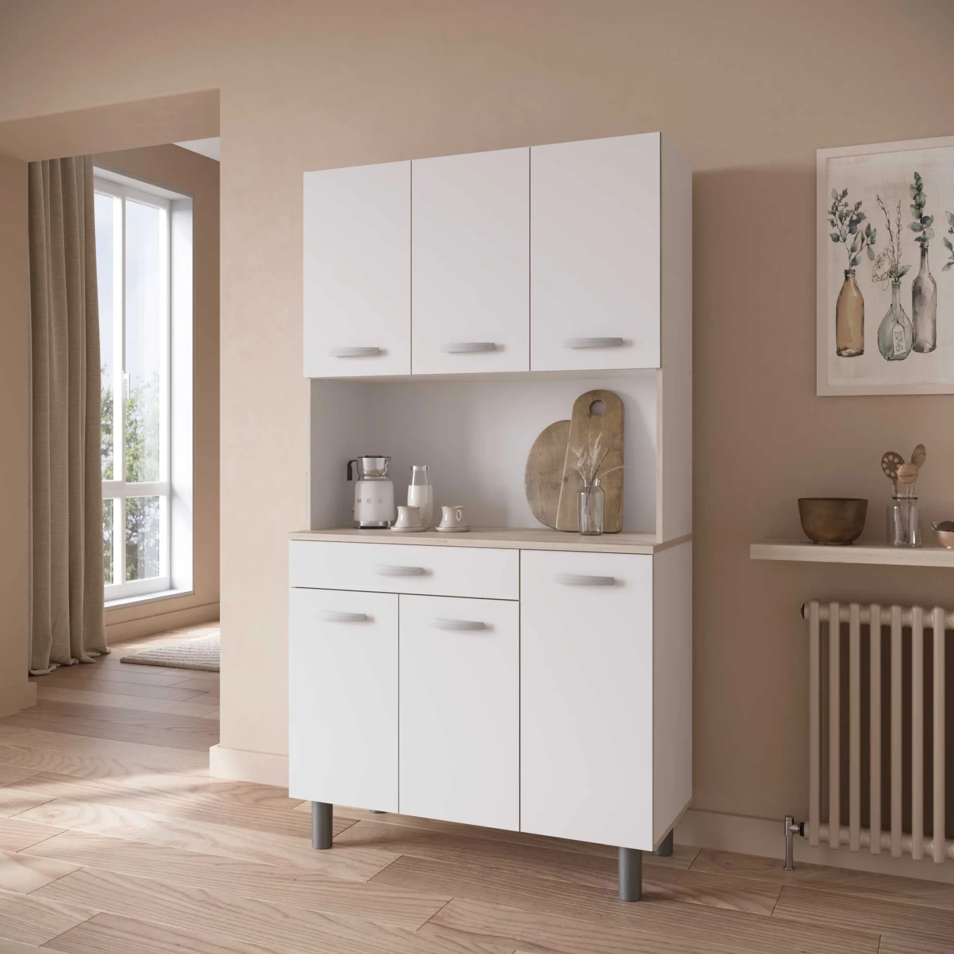 Buffetschrank Pavel 185cm hoch - matt weiß/akazienfarben mit Arbeitsplatte