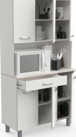Buffetschrank Pavel 185cm hoch - matt weiß/akazienfarben mit Arbeitsplatte