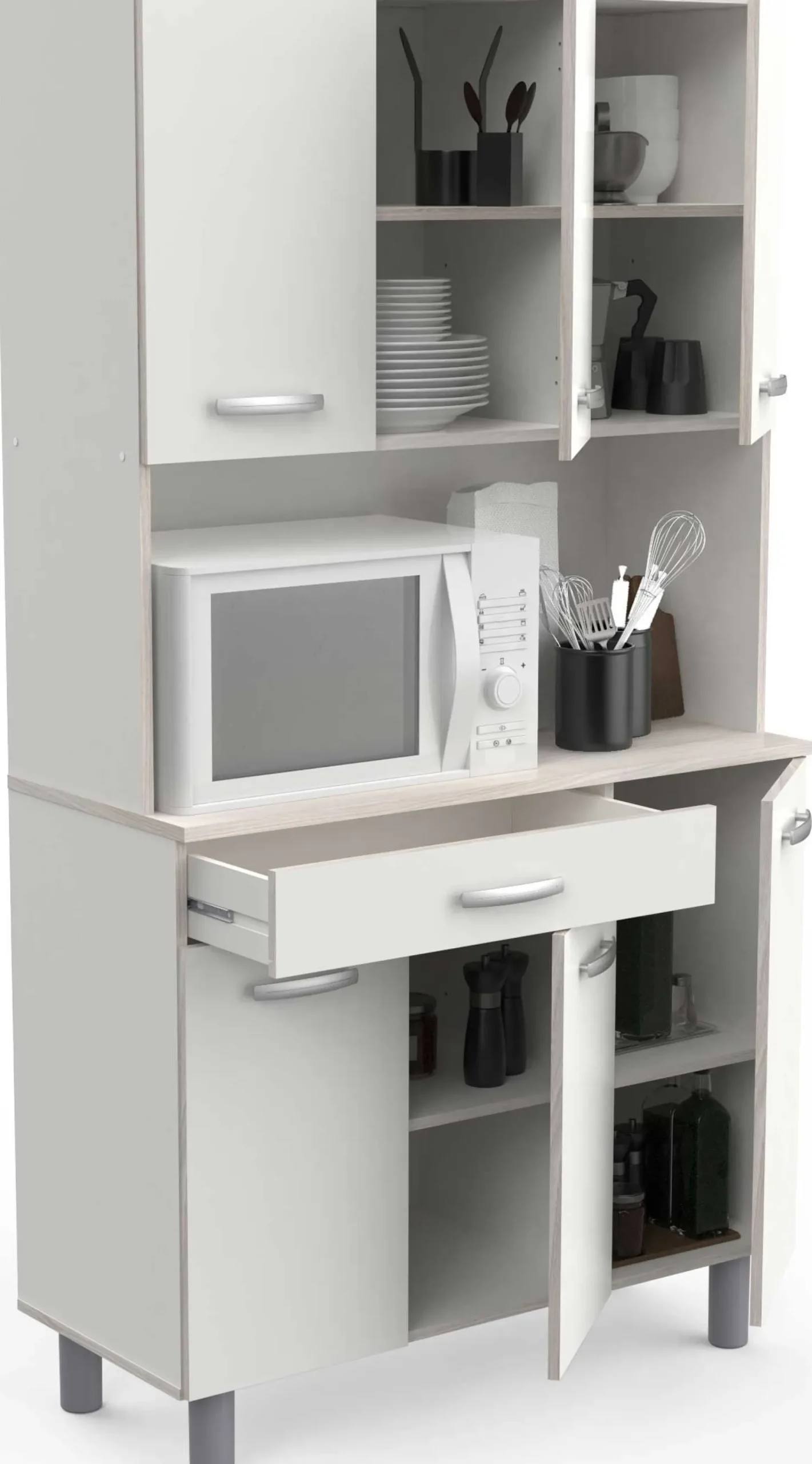 Buffetschrank Pavel 185cm hoch - matt weiß/akazienfarben mit Arbeitsplatte