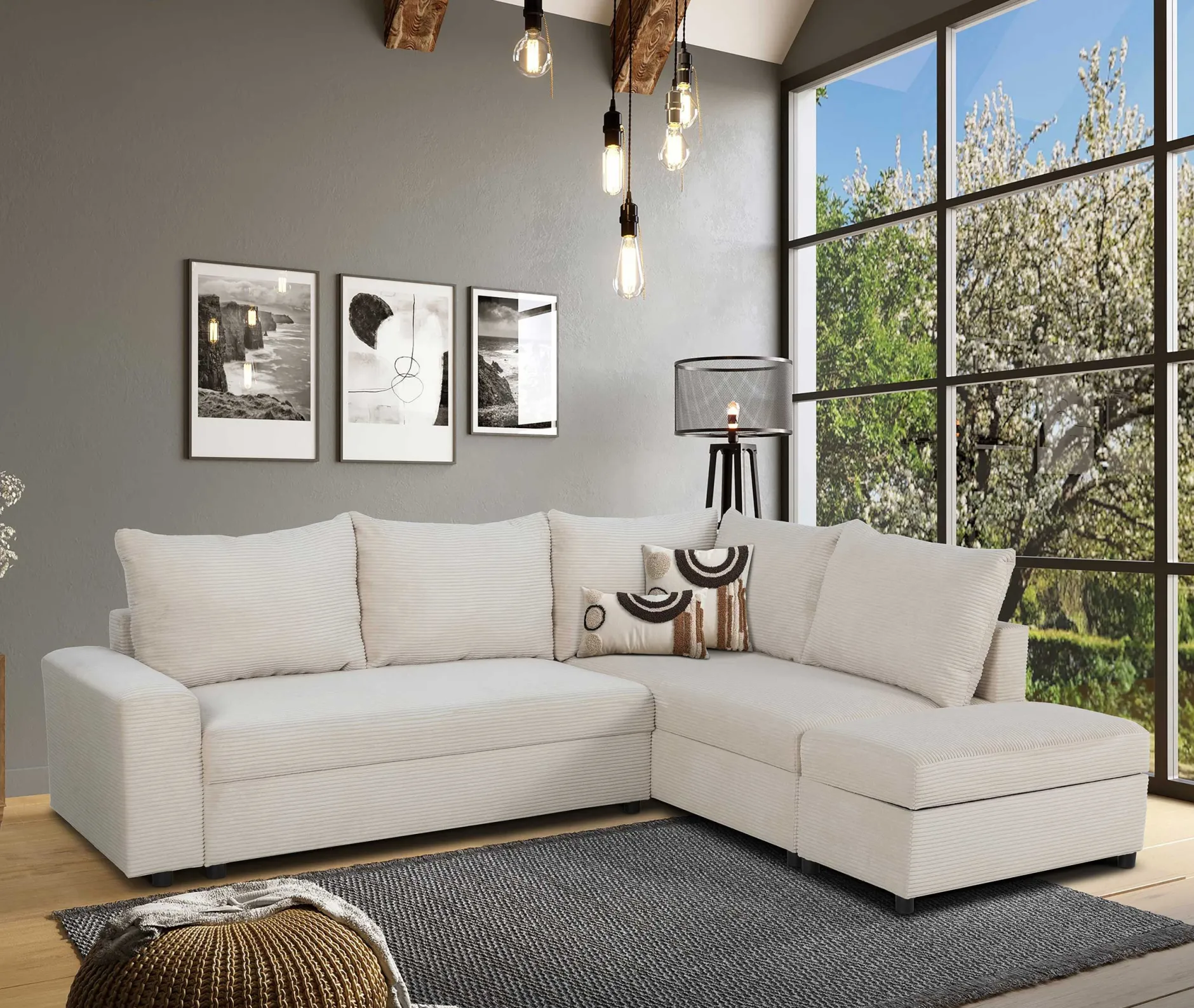 Castel Ecksofa rechts - mit Stauraum - weißer Rippensamt