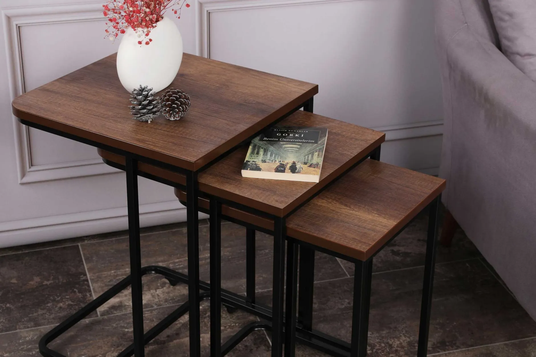Ce Metal Zigon Satztisch (3-teilig) | METALLRAHMEN | Walnuss, Schwarz