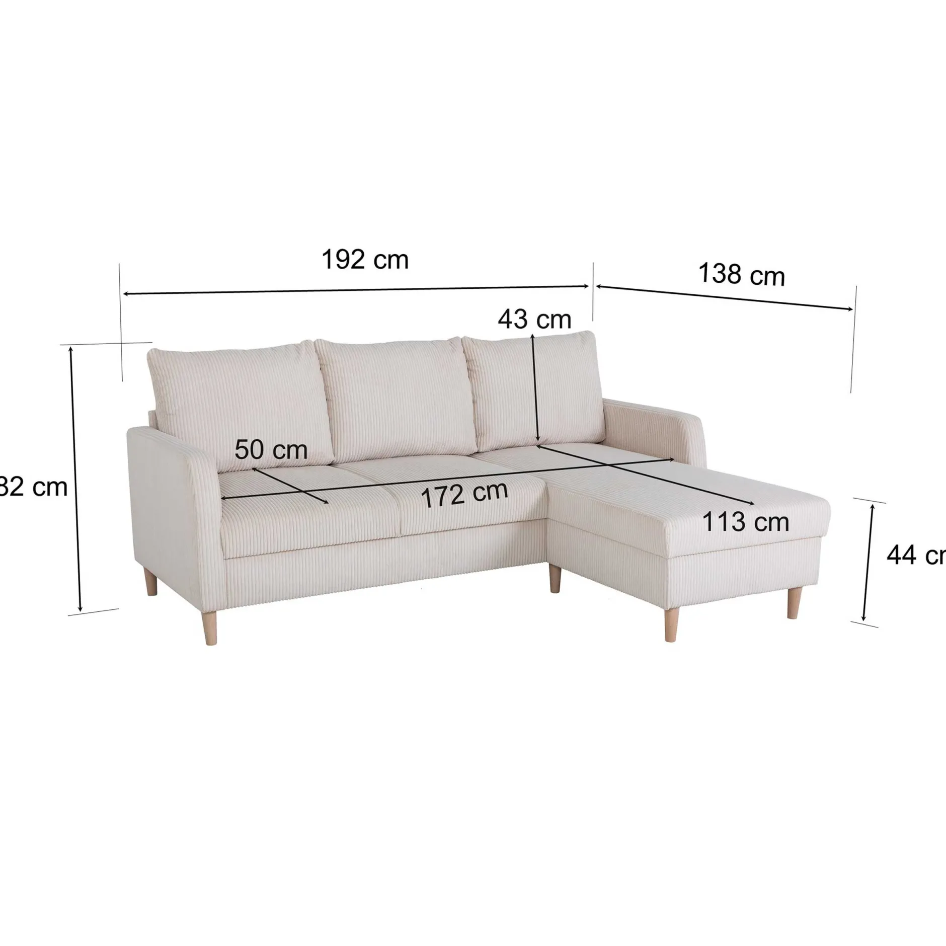 Chip Ecksofa rechts - 192x137x82cm - beige gerippter Samt
