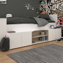 Clio Kinderbett 90x200 mit Stauraum und Schreibtisch - weiß/Eiche Dekor
